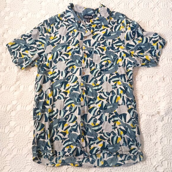 Lands End Button Up Shirt Tropical Fish Yellow Blue Short Slv Large Tall Men - Picture 1 of 7